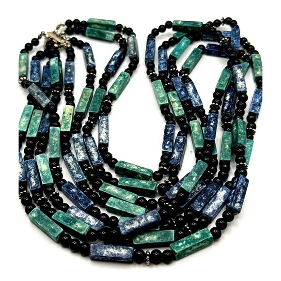 Multi Strand Boho Blue Green Boho Necklace Rectangle Shape Acrylic Beads - Picture 3 of 9